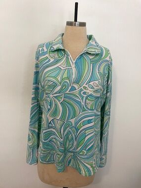 Icikuls Long Sleeve Cooling Sun Shirt Top, Green Blue Paisley Floral Golf, Sz L